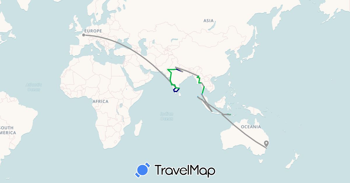 TravelMap itinerary: driving, bus, plane, hiking, boat in Australia, France, Indonesia, India, Myanmar (Burma), Thailand (Asia, Europe, Oceania)